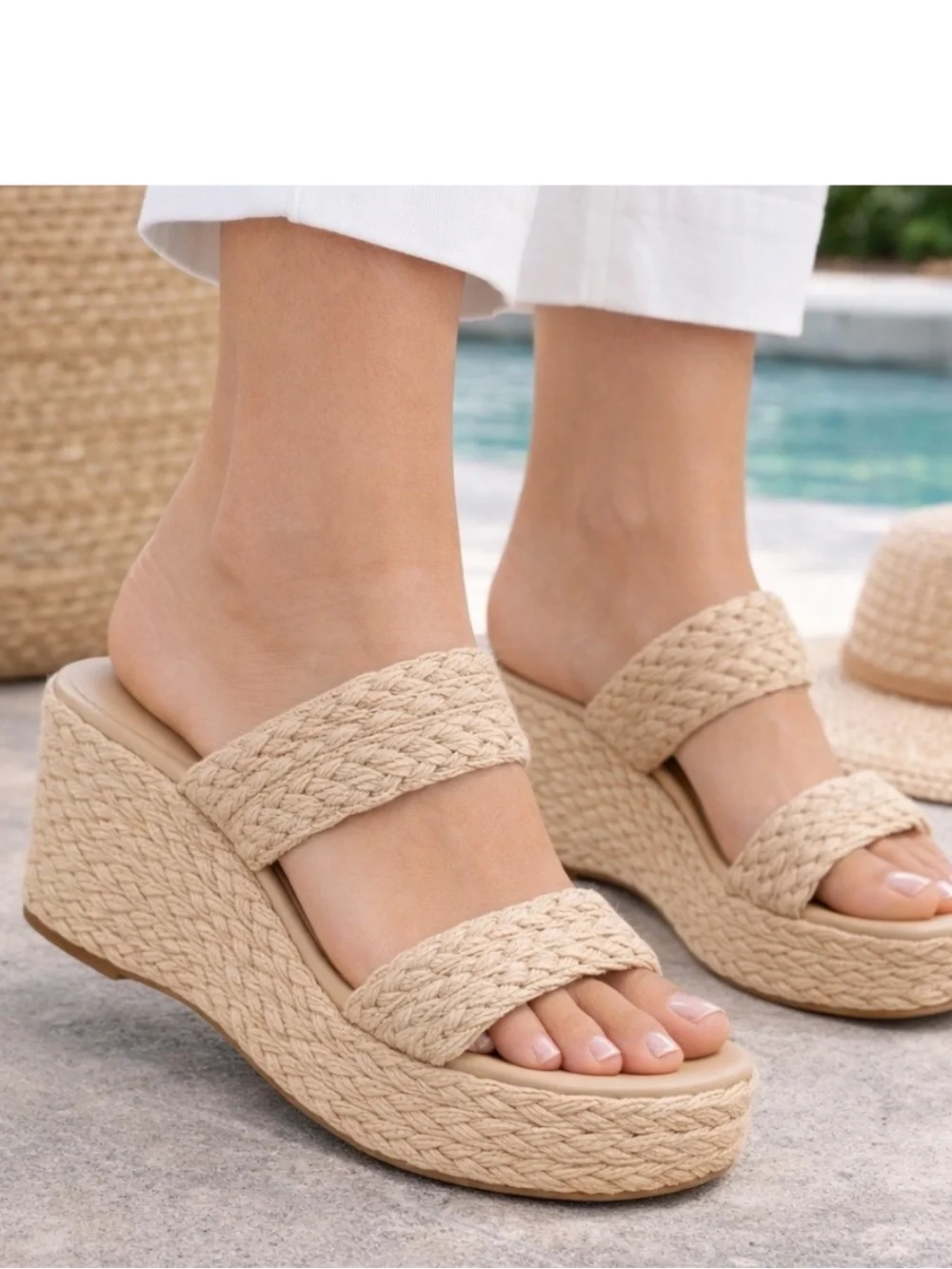 ON 34th Norinarf Raffia Platform Wedge Sandals Womens 9.5M Natural Resort NEW
